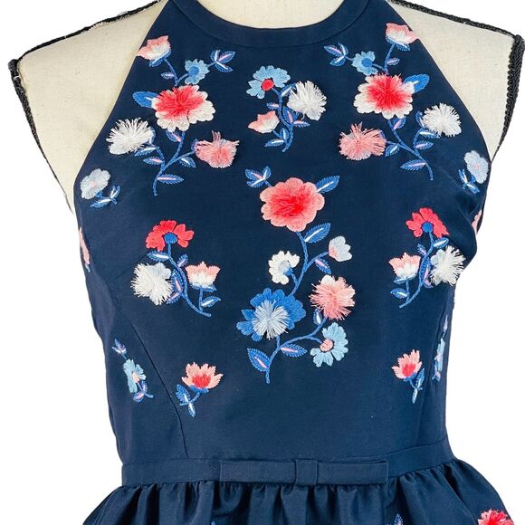 Kate Spade SZ 2 Halter Mini Dress Pom Floral Embroidered Fit 'n Flare Lined Blue - Picture 2 of 11
